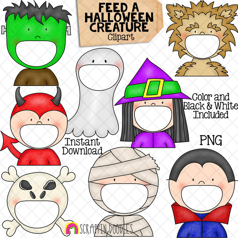 Feed A Halloween Creature ClipArt - Feeding Open Mouth Frankenstein - Werewolf - Devil - Witch - Ghost - Mummy - Skeleton - Dracula - Create a Game - Commercial Use PNG
