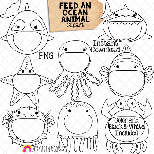 Feed An Ocean Animal ClipArt - Feeding Open Mouth Animals - Shark - Octopus - Crab - Killer Whale - Create a Game - Commercial Use PNG