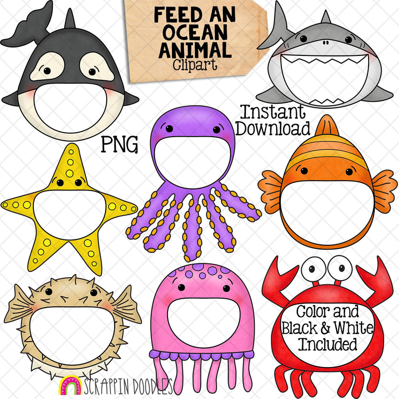 Feed An Ocean Animal ClipArt - Feeding Open Mouth Animals - Shark - Octopus - Crab - Killer Whale - Create a Game - Commercial Use PNG