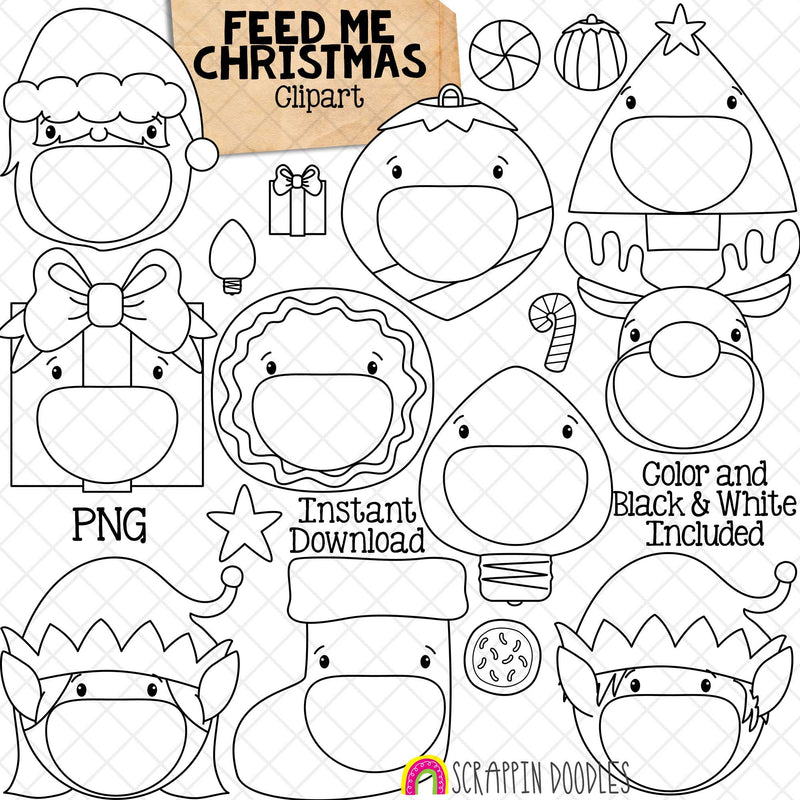 Feed Me Christmas ClipArt - Feeding Open Mouth - Santa - Elf - Gingerbread - Gift - Stocking - Reindeer - Tree - Ornament - Create a Game