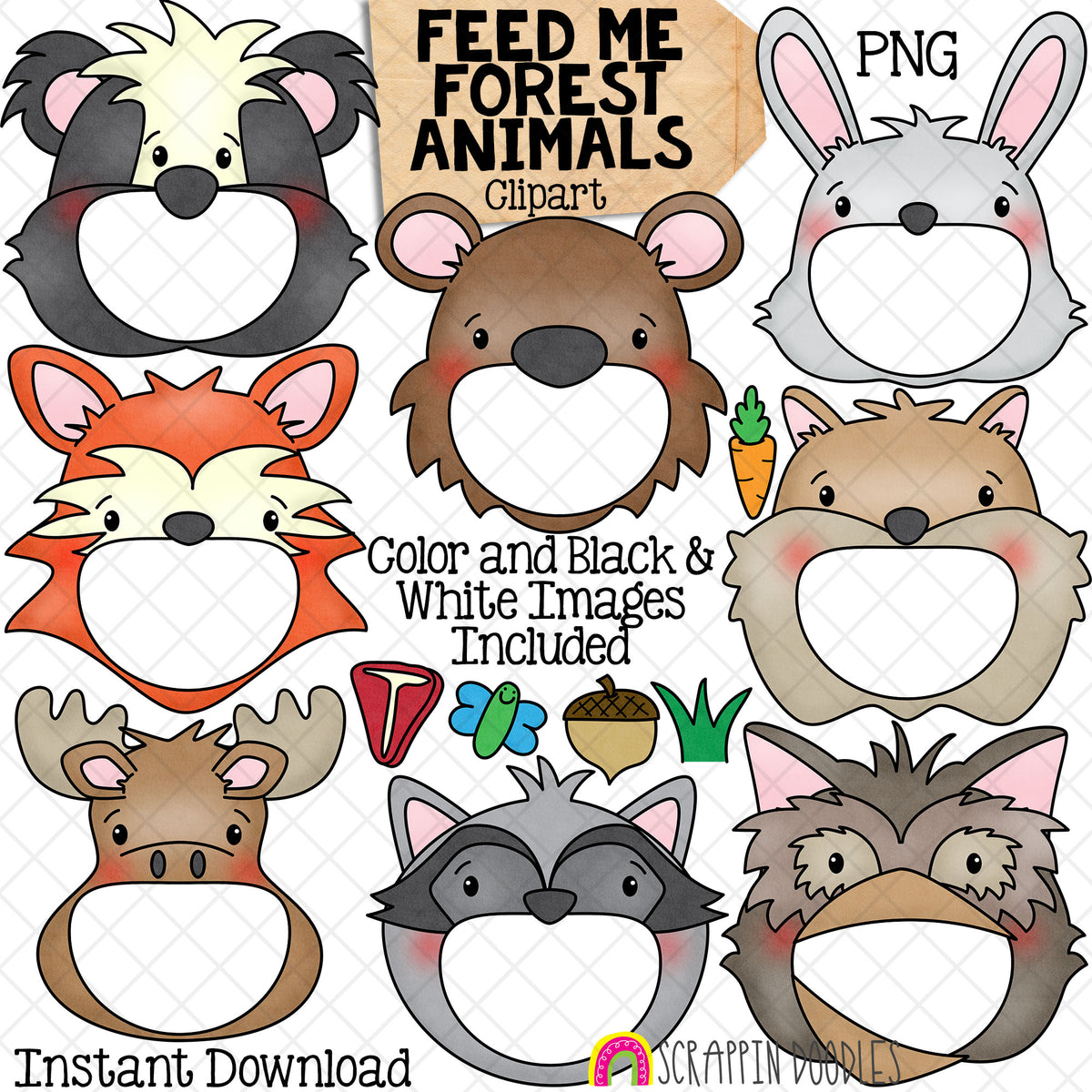Feed Me Forest Animals ClipArt - Feeding Open Mouth - Skunk - Bear - Rabbit - Fox - Squirrel - Moose - Raccoon - Owl - Create a Game