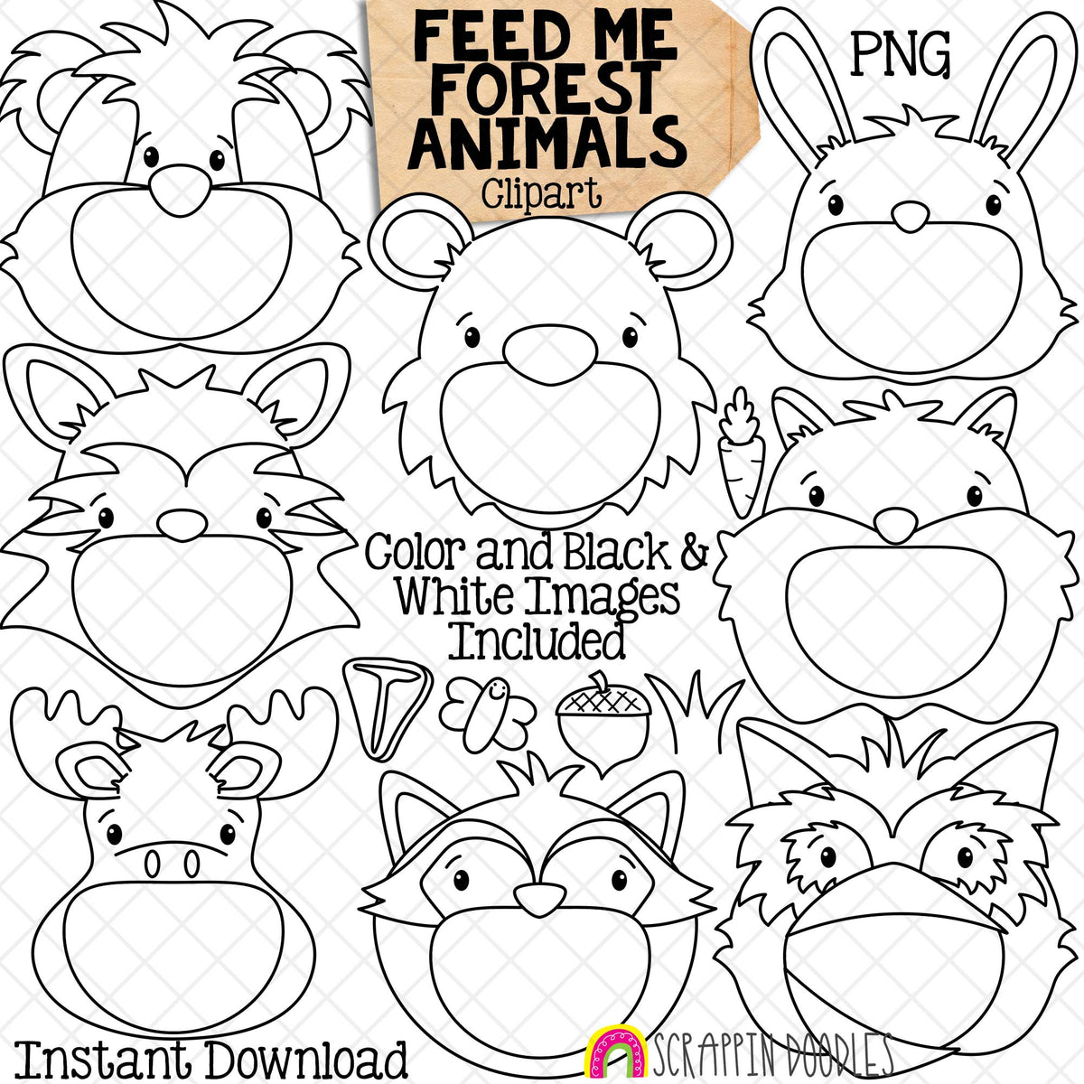 Feed Me Forest Animals ClipArt - Feeding Open Mouth - Skunk - Bear - Rabbit - Fox - Squirrel - Moose - Raccoon - Owl - Create a Game