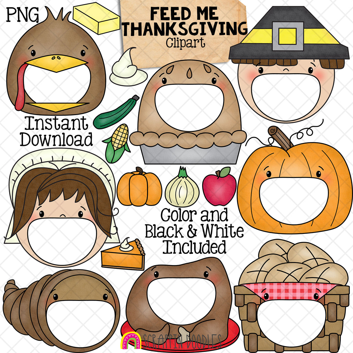 Feed Me Thanksgiving ClipArt - Feeding Open Mouth - Turkey - Pilgrim - Pie - Pumpkin - Cornucopia - Roast Turkey - Food - Create a Game