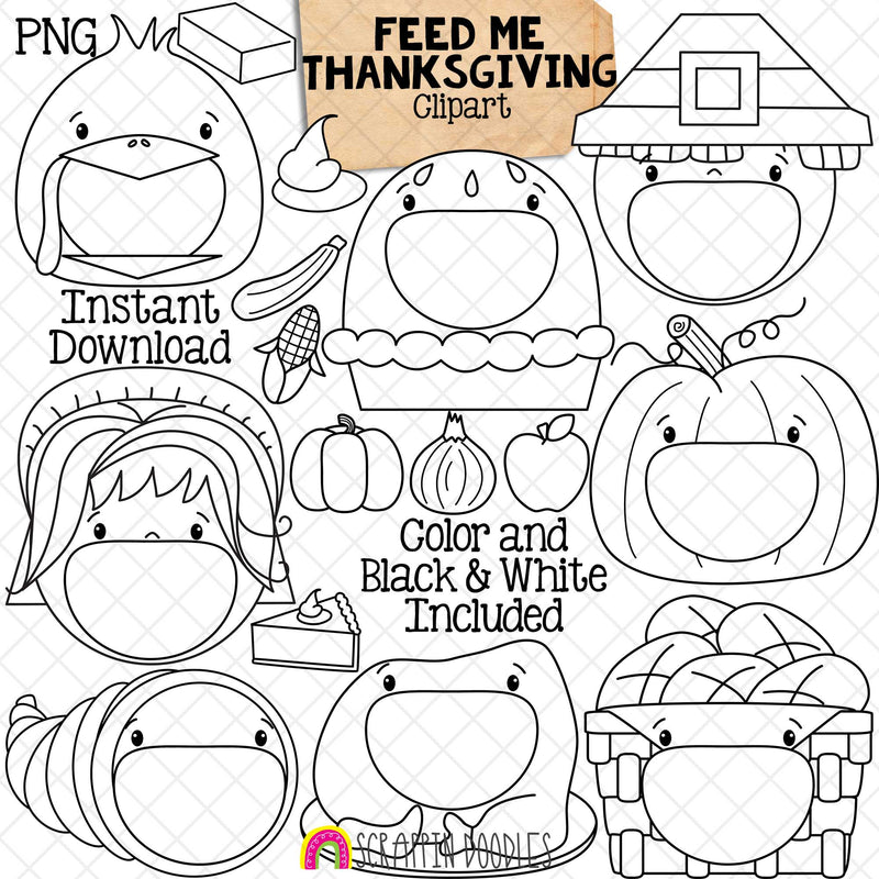 Feed Me Thanksgiving ClipArt - Feeding Open Mouth - Turkey - Pilgrim - Pie - Pumpkin - Cornucopia - Roast Turkey - Food - Create a Game
