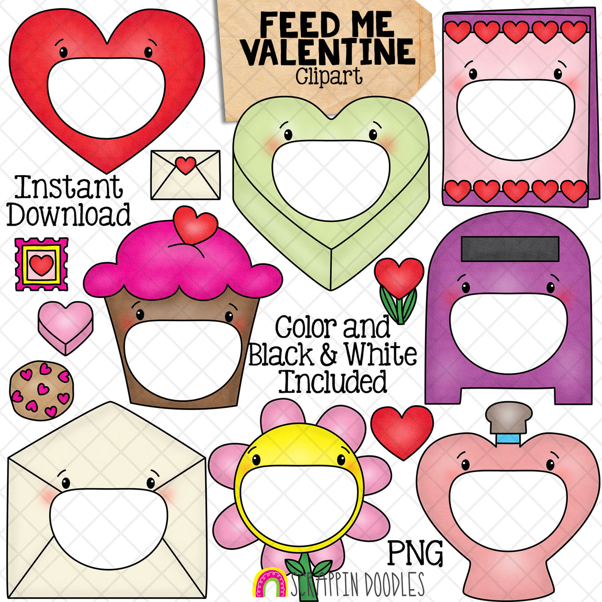 Feed Me Valentines Day ClipArt - Feeding Open Mouth - Heart - Candy - Cupcake - Envelope - Mailbox - Card - Flower - Candy - Create a Game