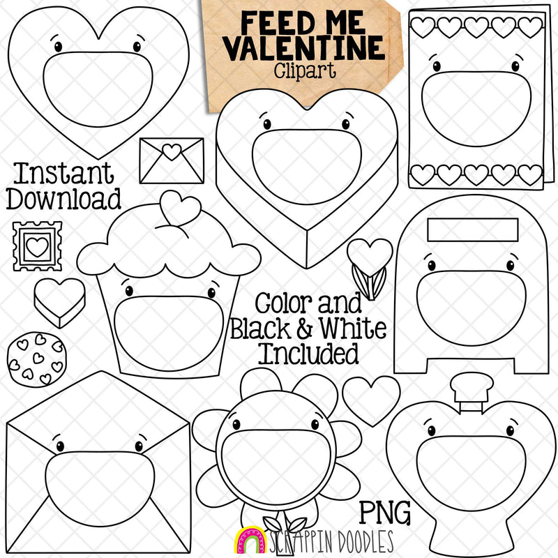 Feed Me Valentines Day ClipArt - Feeding Open Mouth - Heart - Candy - Cupcake - Envelope - Mailbox - Card - Flower - Candy - Create a Game