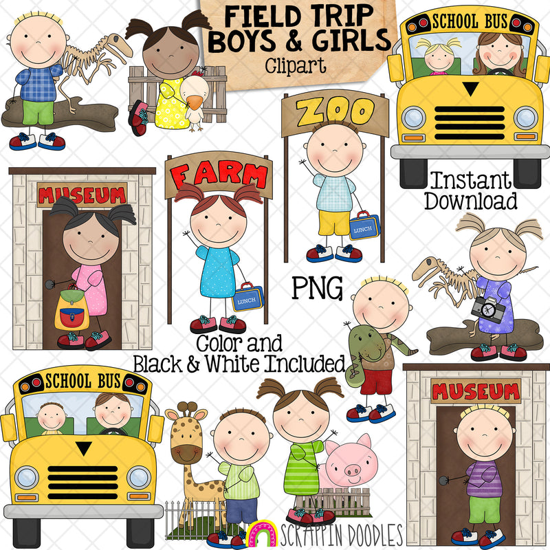 Field Trip Boys and Girls Clipart - Kids School&nbsp; - Museum - Farm - Dinosaur - Commercial Use PNG - Susie and Tommy