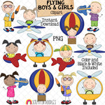 Flying Boys and Girls Clipart - Pilot Kids - Air Traffic Controller - Commercial Use PNG - Susie and Tommy