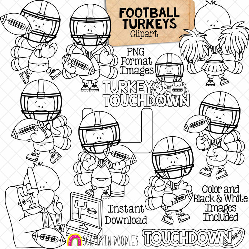 Football Turkey ClipArt - Turkeys Playing and Watching Football Graphics - Thanksgiving Games - Cheerleader - Touchdown Images - CU PNG 