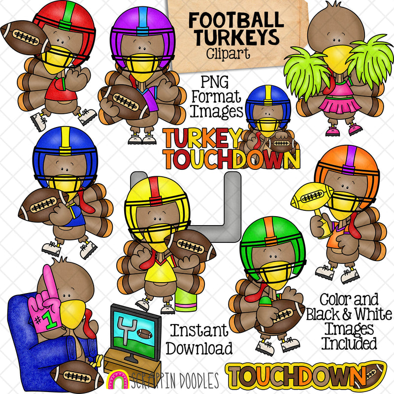 Football Turkey ClipArt - Turkeys Playing and Watching Football Graphics - Thanksgiving Games - Cheerleader - Touchdown Images - CU PNG 