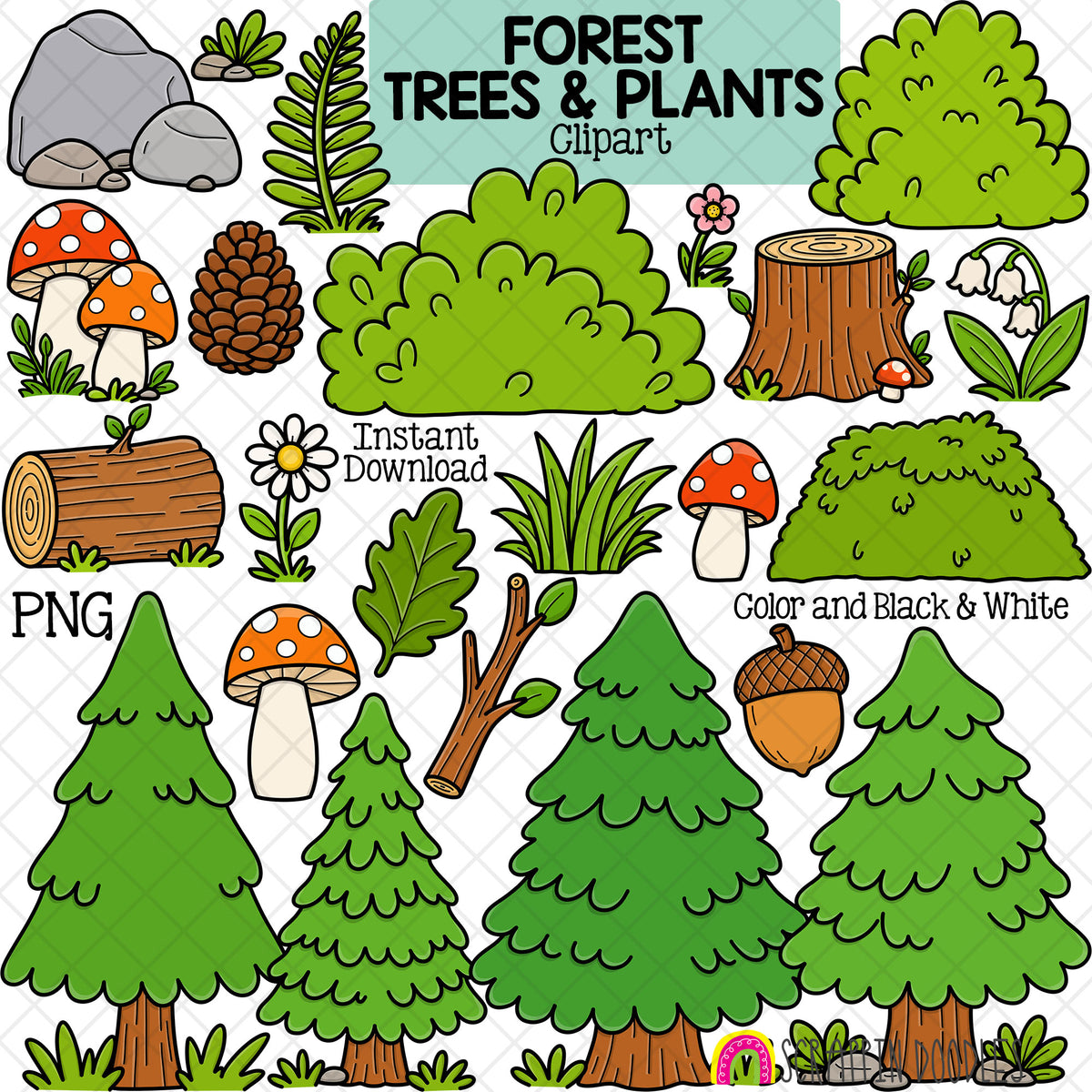 A clipart sheet titled 'FOREST TREES & PLANTS Clipart' showing illustrated forest elements including pine trees, evergreen shrubs, mushrooms, acorns, a log, ferns, flowers, and rocks on a white background with text reading 'Instant Download' and 'PNG'.