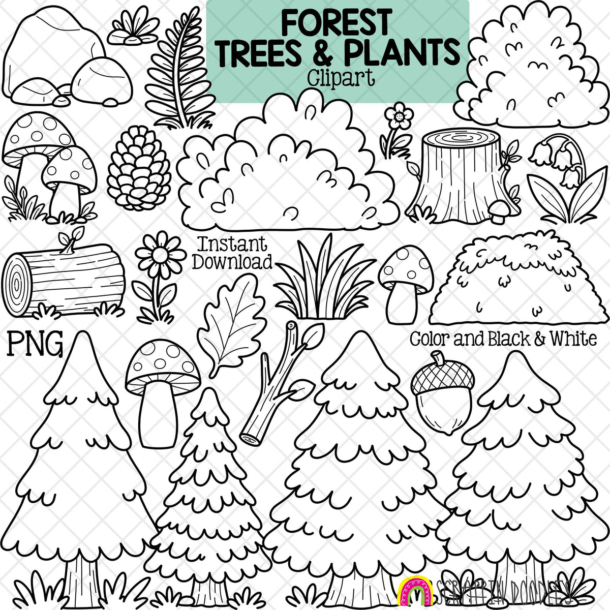 Black and white line art clipart set of forest trees, plants, mushrooms, acorns, pinecones, and logs, with a teal header reading 'FOREST TREES & PLANTS Clipart' and text including 'Instant Download' and 'PNG'.