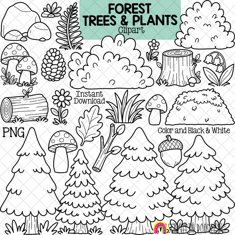 Black and white line art clipart set of forest trees, plants, mushrooms, acorns, pinecones, and logs, with a teal header reading 'FOREST TREES & PLANTS Clipart' and text including 'Instant Download' and 'PNG'.
