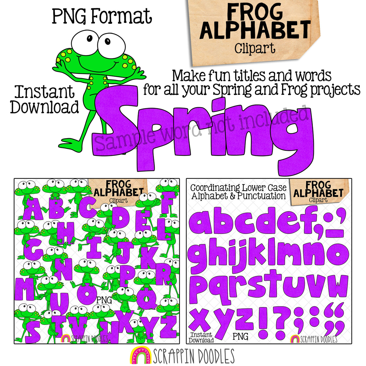 Frog Alphabet Clip Art - Holding Letters Clipart - Spring Titles - Seasonal Headers - Commercial Use PNG Sublimation