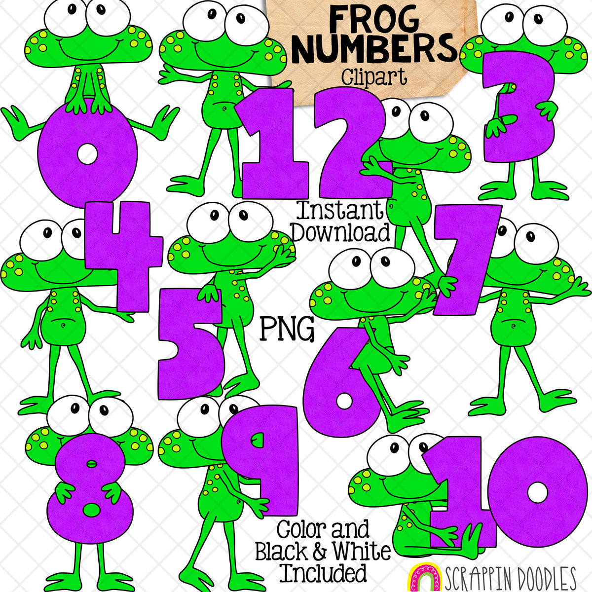Frog Numbers Clip Art - Frogs Holding Numbers Clipart - Spring Titles - Seasonal Math Signs - Commercial Use PNG Sublimation