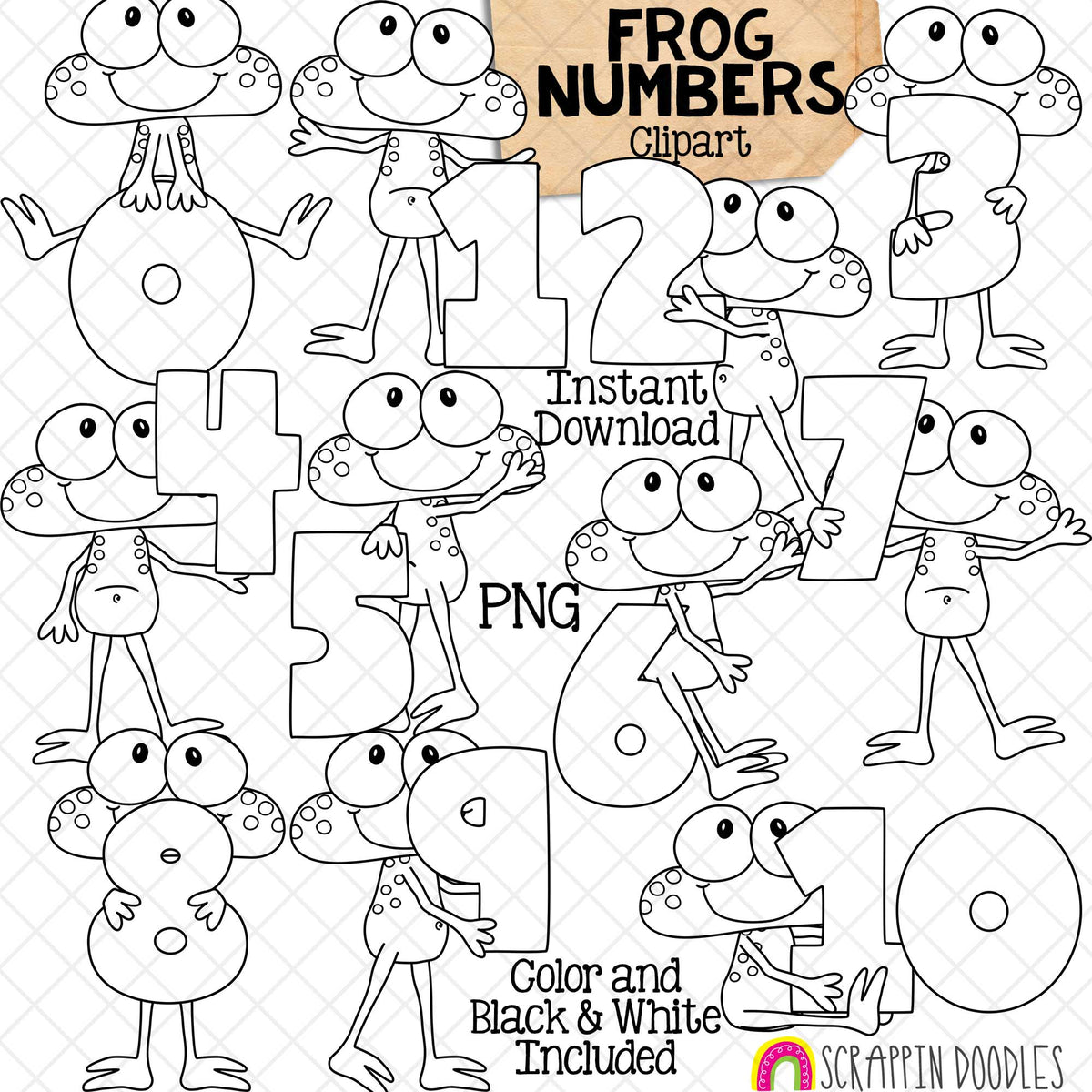 Frog Numbers Clip Art - Frogs Holding Numbers Clipart - Spring Titles - Seasonal Math Signs - Commercial Use PNG Sublimation