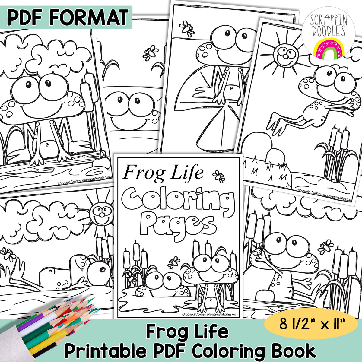 Promotional graphic for a printable PDF coloring book titled 'Frog Life Coloring Pages'. The design shows multiple black-and-white line art pages of frogs in outdoor scenes, with a central cover panel, text reading 'PDF FORMAT', 'Frog Life Printable PDF Coloring Book', and '8 1/2" x 11"'.