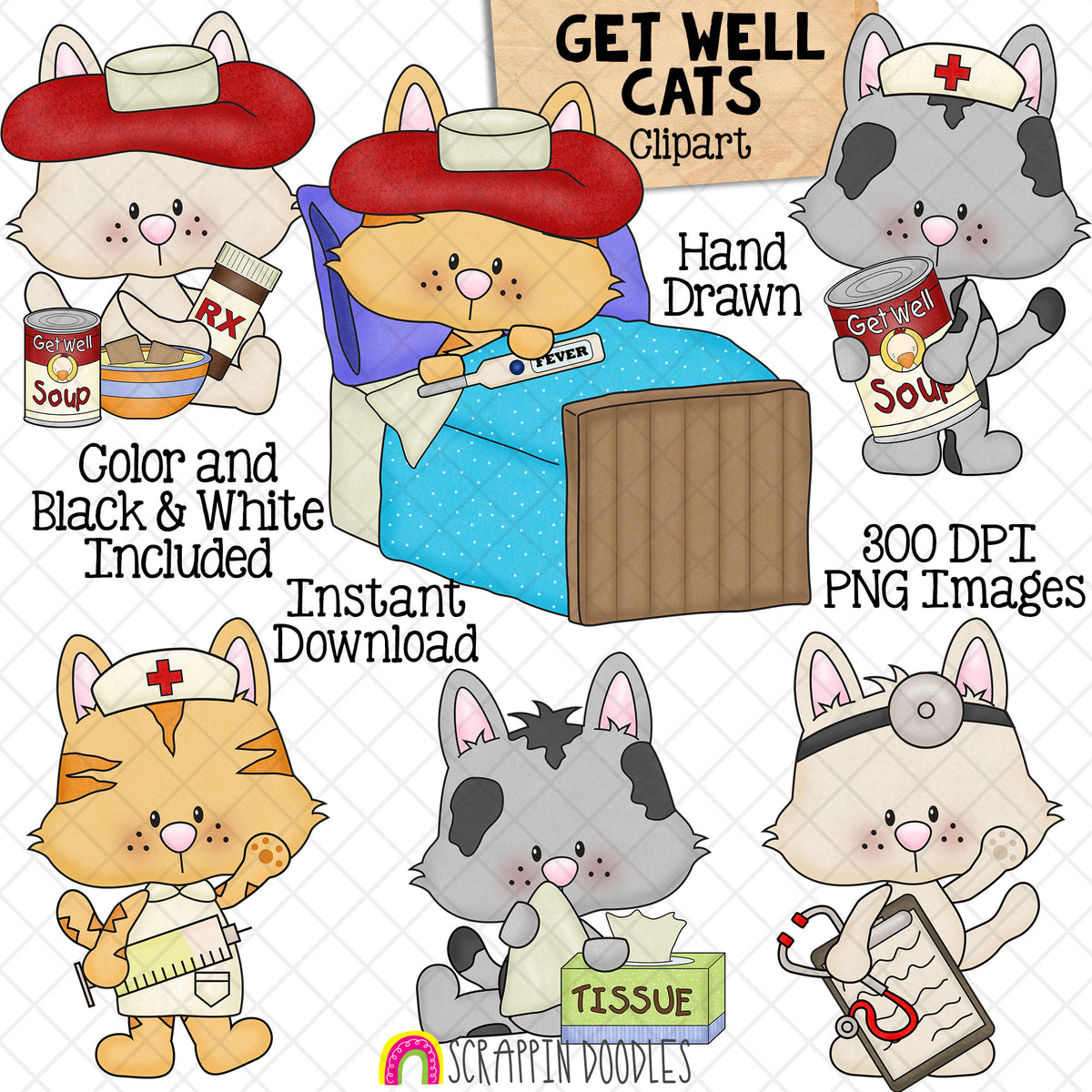 Get Well Cats clipart collection featuring sick kitties, nurse cats and a doctor cat in color and coordinating black and white PNG images.