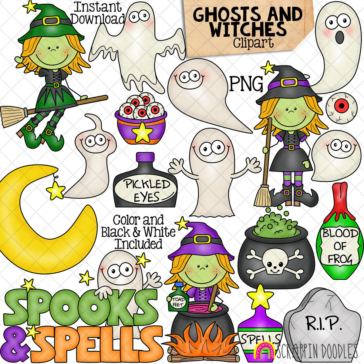 Ghosts &amp; Witches ClipArt - Halloween - Cute - Potions - Cauldron - Witch Stirring Pot - Eyeballs - Bottles - CU PNG - Hand Drawn Images