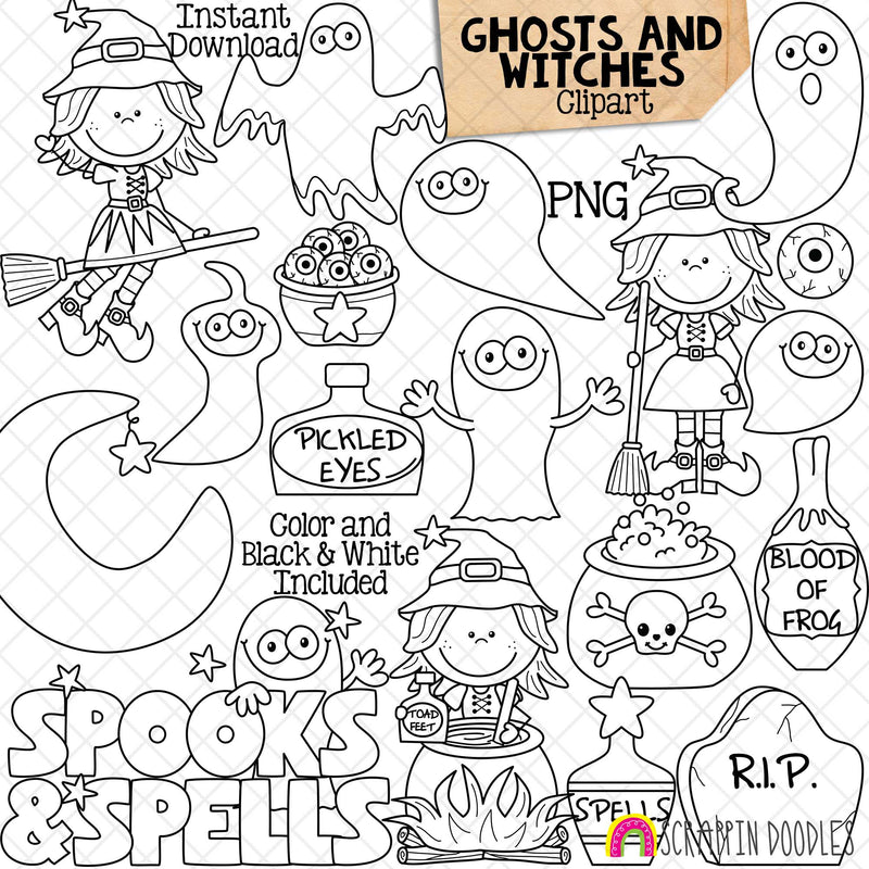 Ghosts &amp; Witches ClipArt - Halloween - Cute - Potions - Cauldron - Witch Stirring Pot - Eyeballs - Bottles - CU PNG - Hand Drawn Images