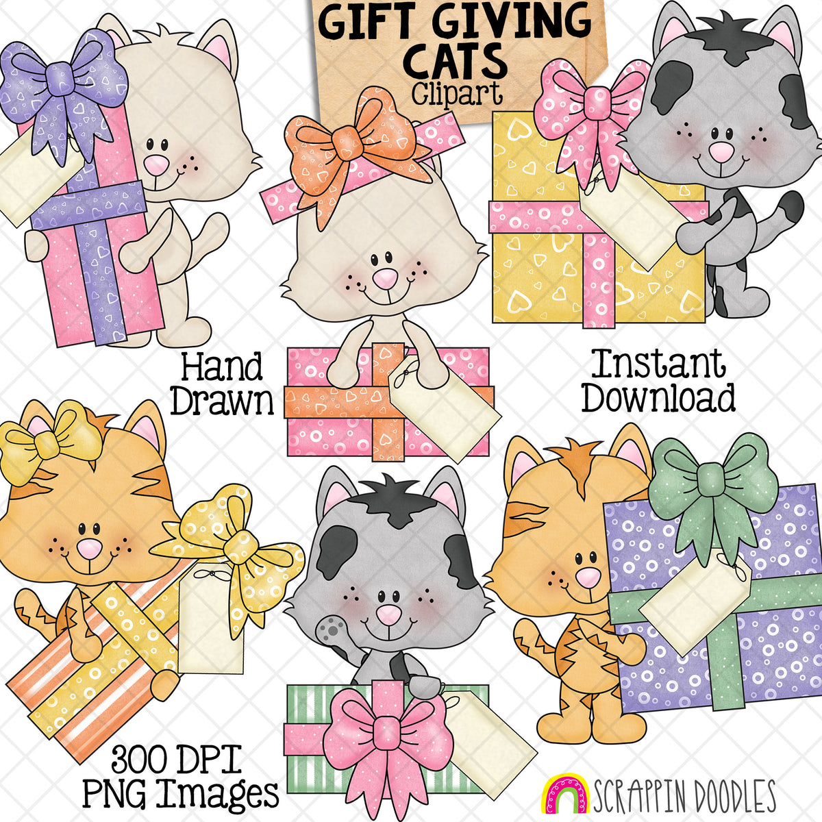 Hand-drawn Gift Giving Cats clipart featuring six cute kittens holding colorful wrapped presents decorated with patterned ribbons, bows and gift tags.
