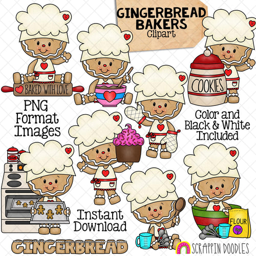 Gingerbread Clip Art - Ginger Bread Baking - Cute Christmas Cookie Bakers Clipart - Making Cookies - Commercial Use PNG Sublimation