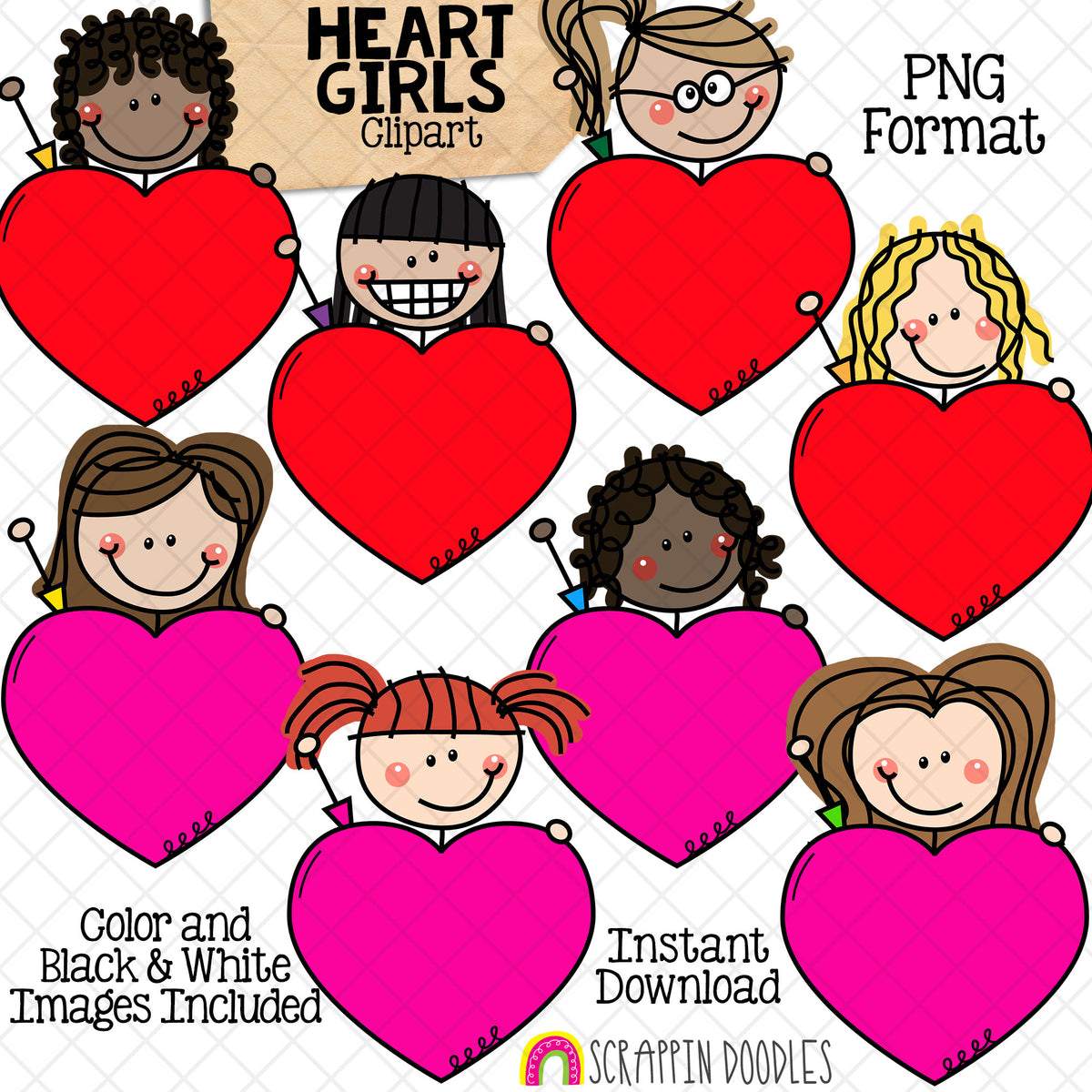 Girls Holding Hearts Clip Art - Valentines Day Doodle Kids Clipart - Valentine Stick Figure Graphics - Commercial Use PNG - Sublimation