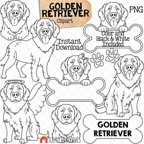 Golden Retriever ClipArt - Labrador Retriever Drawings - Angel Dog - Paw Prints - Dog Bone Sign - Commercial Use PNG Sublimation