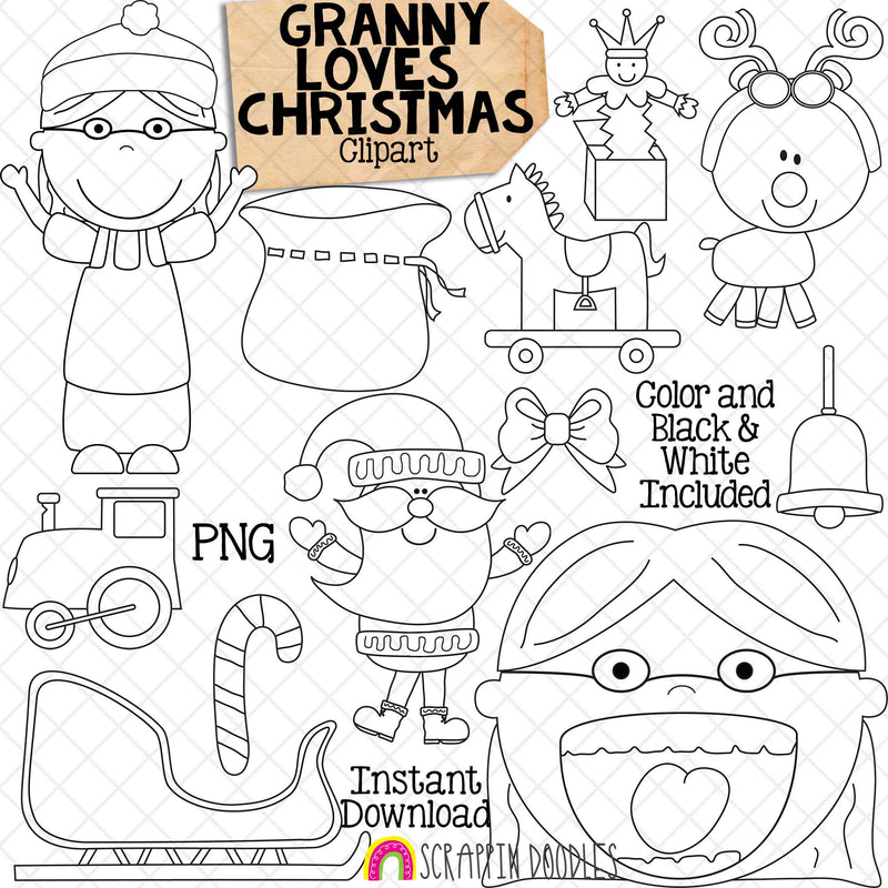 Granny Loves Christmas Clip Art - Old Lady Swallowed a Bell - Commercial Use PNG