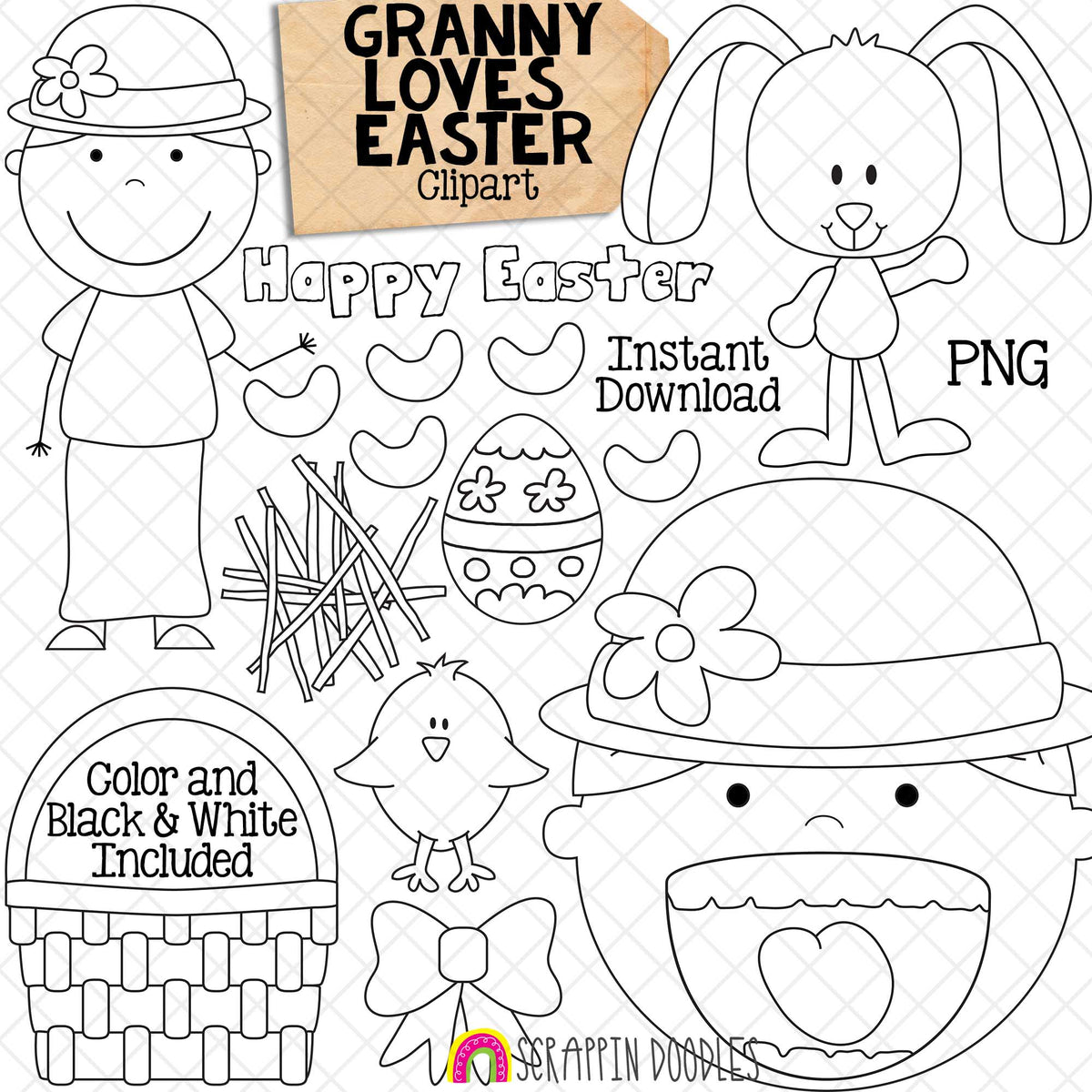 Granny Loves Easter ClipArt - Old Lady Swallowed a Chick Graphics - Commercial Use PNG