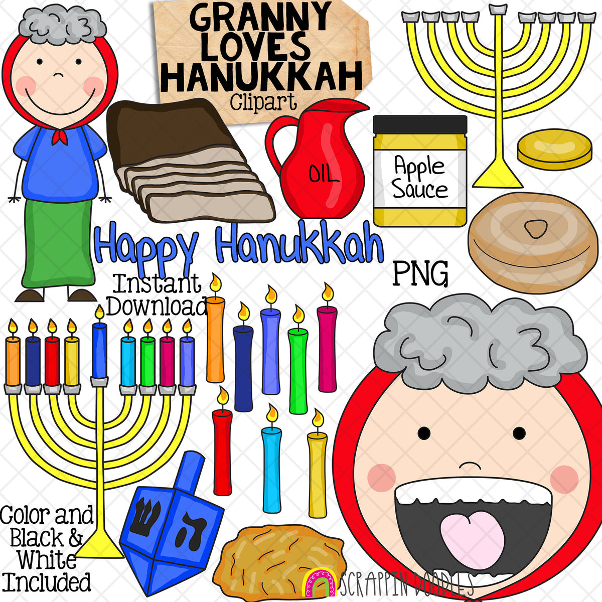 Granny Loves Hanukkah Clip Art - Old Lady Swallowed a Dreidel - Commercial Use PNG