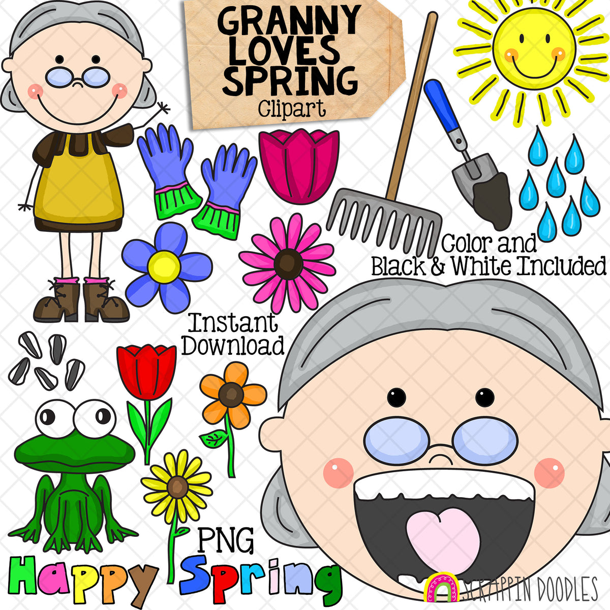 Granny Loves Spring Clip Art - Old Lady Swallowed A Frog Graphics- Commercial Use PNG