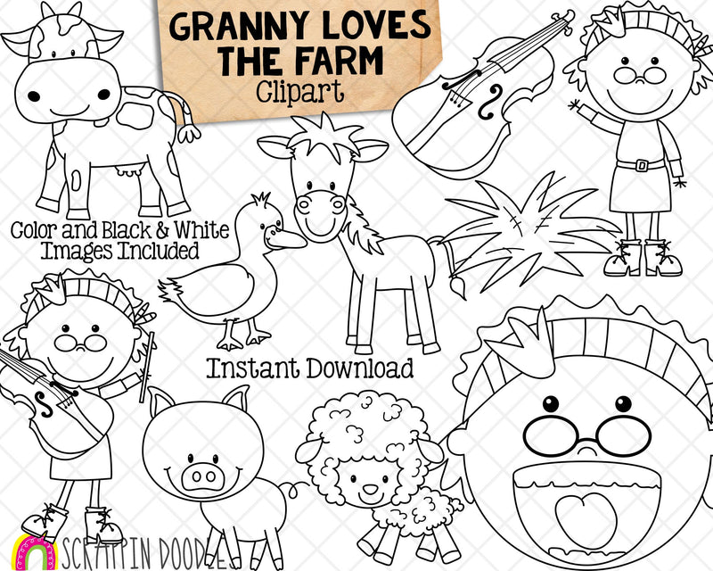 Granny Loves The Farm Clip Art - There Was an Old Ladt Swallowed a Cow - Commercial Use PNG