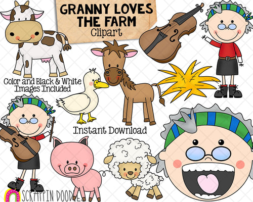 Granny Loves The Farm Clip Art - There Was an Old Ladt Swallowed a Cow - Commercial Use PNG