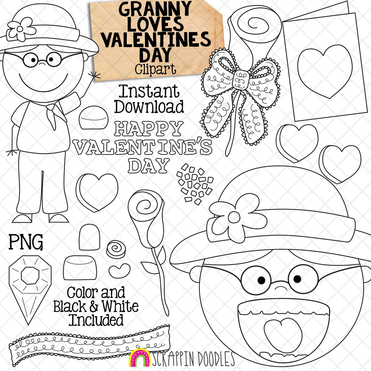 Granny Loves Valentine's Day Clip Art - Old Lady Swallowed A Rose Graphics- Commercial Use PNG