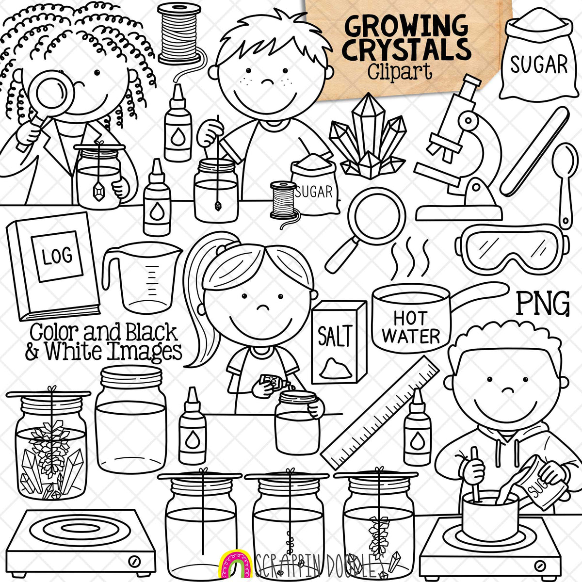 Growing Crystals ClipArt - Kids Science Experiments - Salt and Sugar Crystal Making - CU PNG Sublimation
