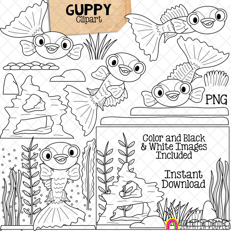 Guppy ClipArt - Guppies - Blue Grass Guppy - Aquarium Fish - Plants - Decor - Gravel - Bubble Bar - Commercial Use - Graphics - PNG - Hand Drawn PNG