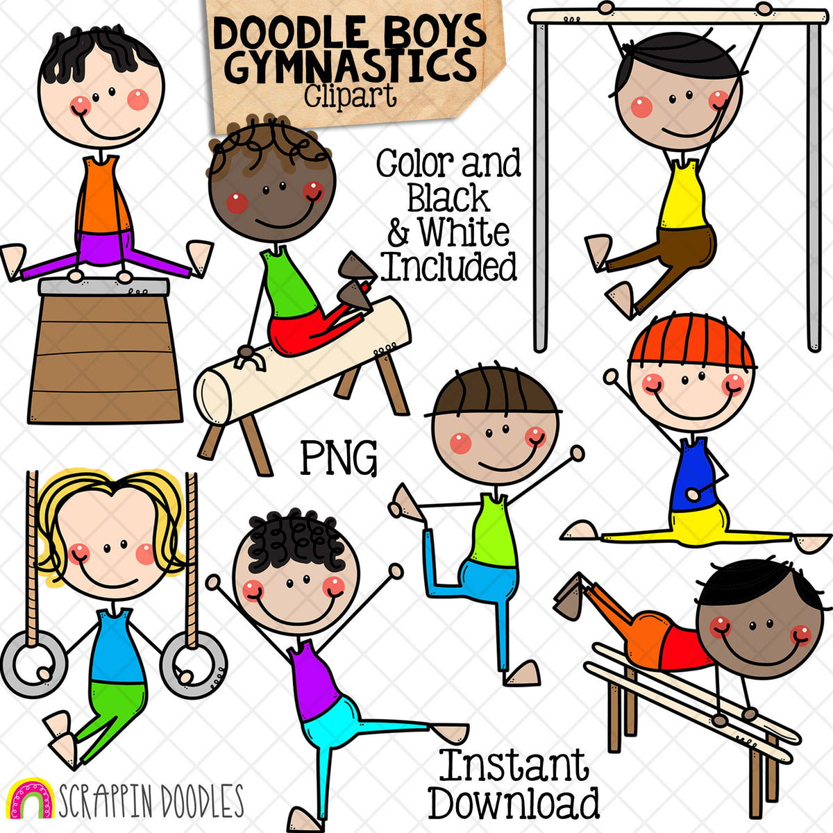 Gymnastics clipart with children performing various routines - Gymnastics Boys Clip Art - Sports Kids - Stick Figures - Acrobatic - High Bar - Pommel Horse - Parallel Bars - Rings - Commercial Use - PNG - Doodle Boys