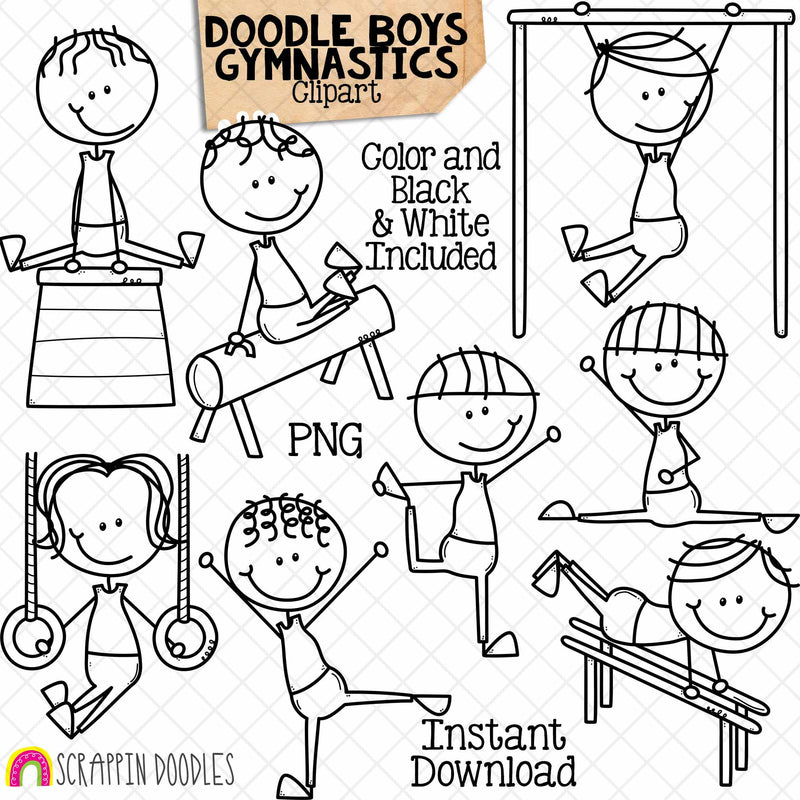 Gymnastics clipart with children performing various routines - Gymnastics Boys Clip Art - Sports Kids - Stick Figures - Acrobatic - High Bar - Pommel Horse - Parallel Bars - Rings - Commercial Use - PNG - Doodle Boys