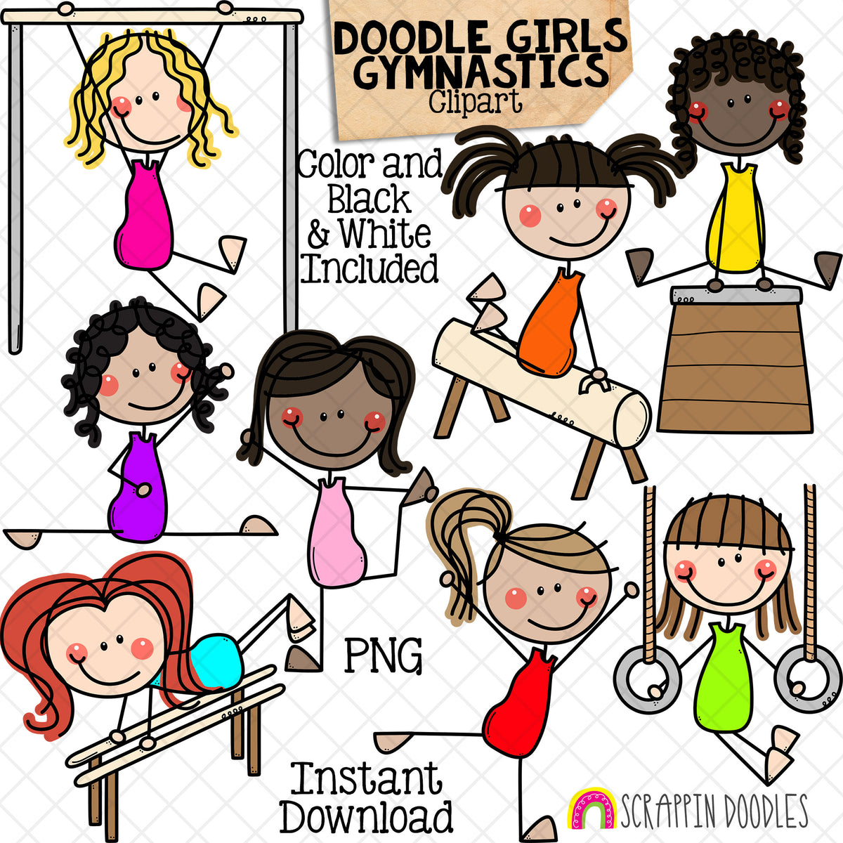 Gymnastics Girls Clip Art - Sports Kids - Stick Figures - Acrobatic - High Bar - Pommel Horse - Parallel Bars - Rings - Commercial Use - PNG - Doodle Girls