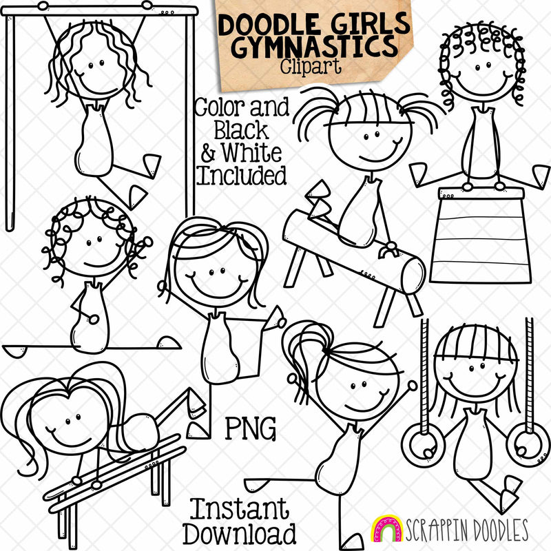 Gymnastics Girls Clip Art - Sports Kids - Stick Figures - Acrobatic - High Bar - Pommel Horse - Parallel Bars - Rings - Commercial Use - PNG - Doodle Girls