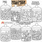 Halloween Candy Jars ClipArt - Glass Jars full of Candy Corn - Jelly Beans - Jack O Lantern Lollipops - Eyeballs - Cookies - CU PNG