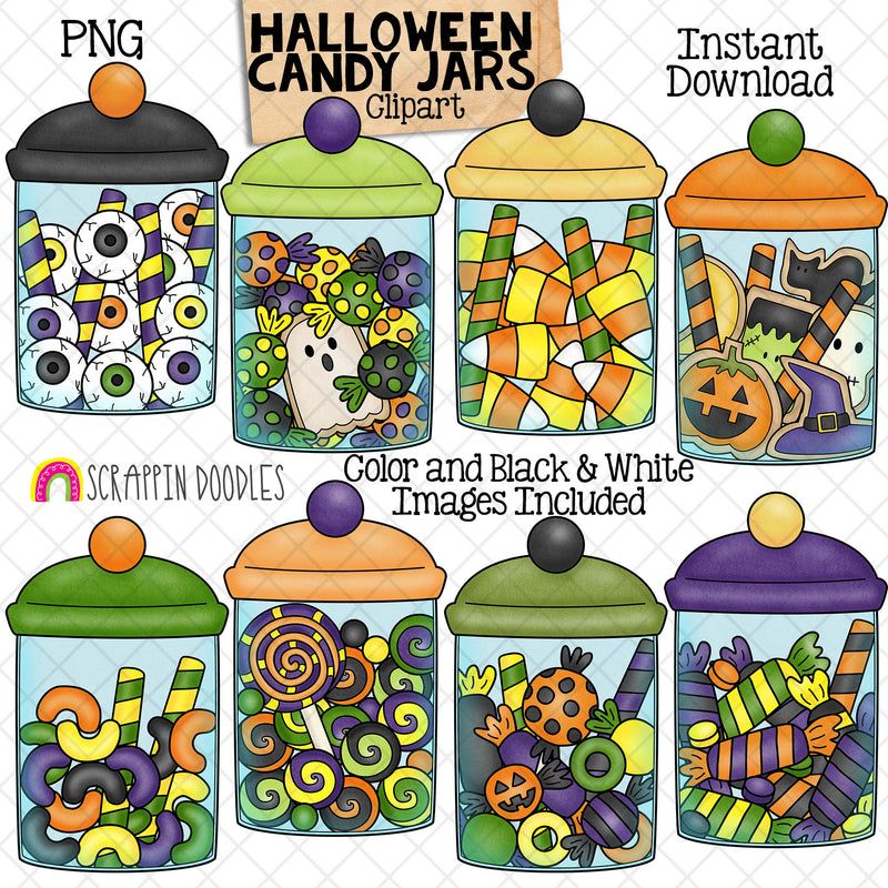 Halloween Candy Jars ClipArt - Glass Jars full of Candy Corn - Jelly Beans - Jack O Lantern Lollipops - Eyeballs - Cookies - CU PNG