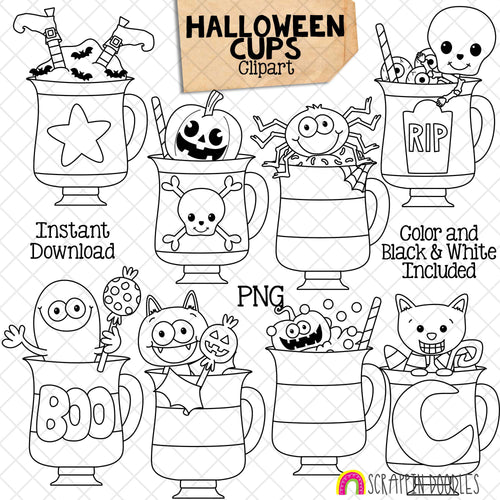 Halloween Cups ClipArt - Spooky Coffee Cups - Halloween Candy -Ghost - Black Cat - Skeleton
