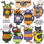 Halloween Cups ClipArt - Spooky Coffee Cups - Halloween Candy -Ghost - Black Cat - Skeleton