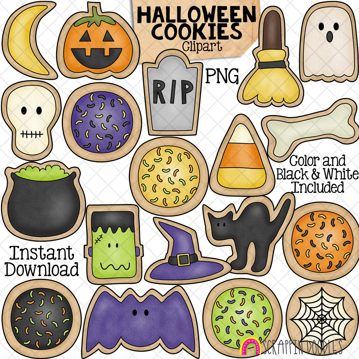 Halloween Cookies ClipArt - Baking - Sprinkle Cookie - Ghost - Sweets - Food - Black Cat - Candy Corn - Skull - CU PNG - Hand Drawn