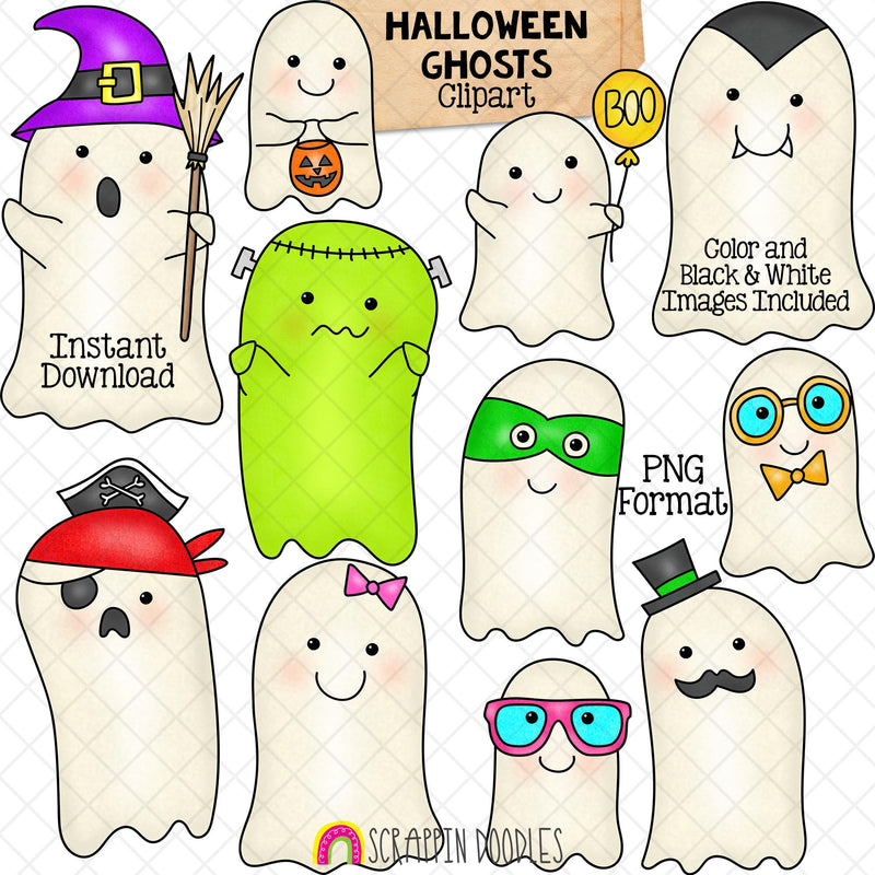 Halloween Ghost Clip Art - Cute Dress Up Ghosts - Ghosts in Costumes - Commercial Use PNG Sublimation Images