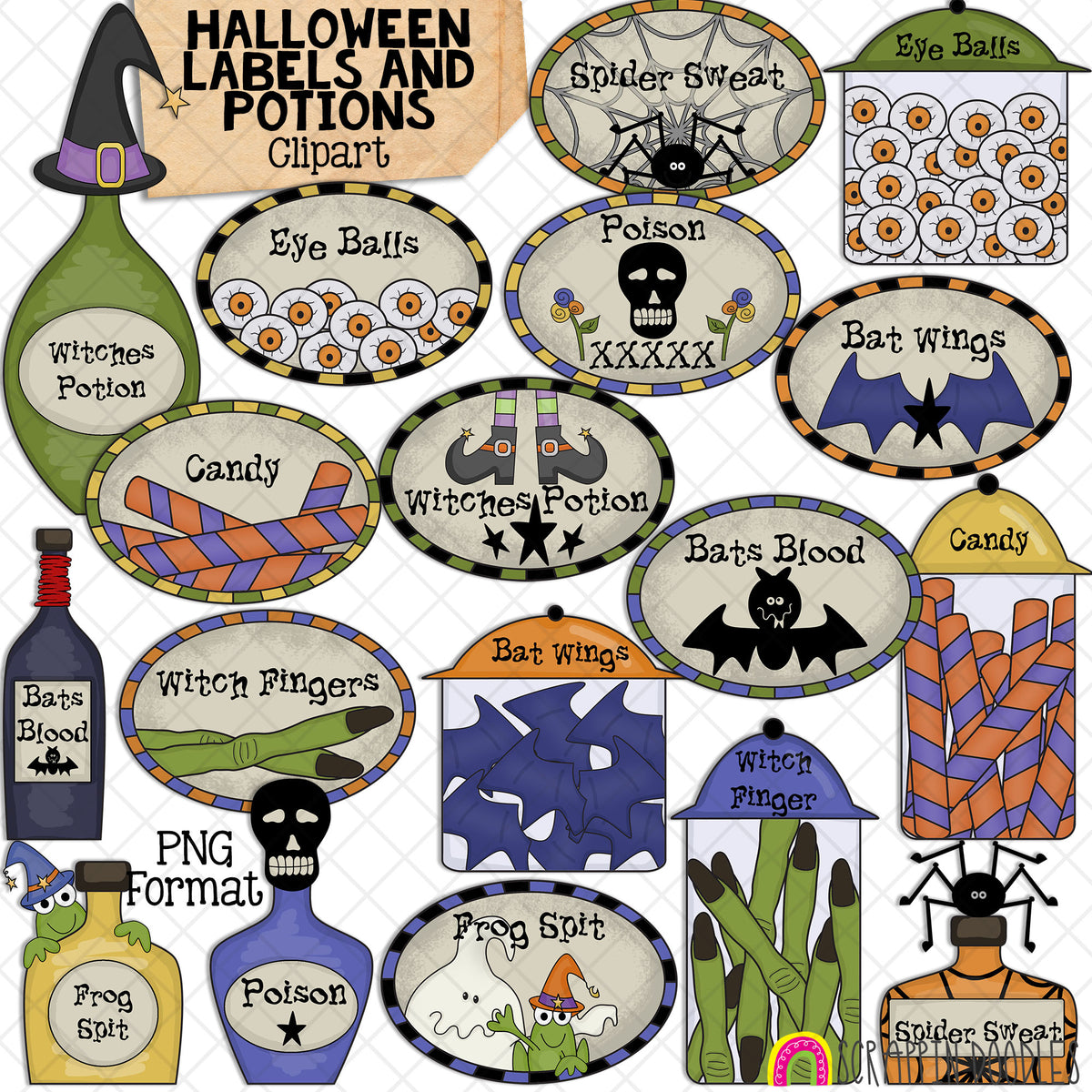 Spooky Crew Labels and Potions - Halloween Recipes - Jars - Witch Craft - Poison - CU - Hand Drawn PNG