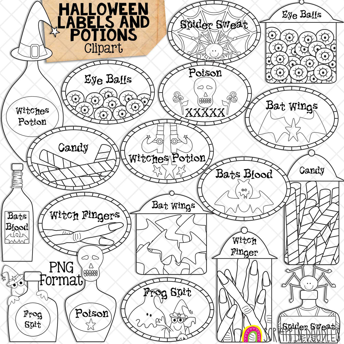Spooky Crew Labels and Potions - Halloween Recipes - Jars - Witch Craft - Poison - CU - Hand Drawn PNG