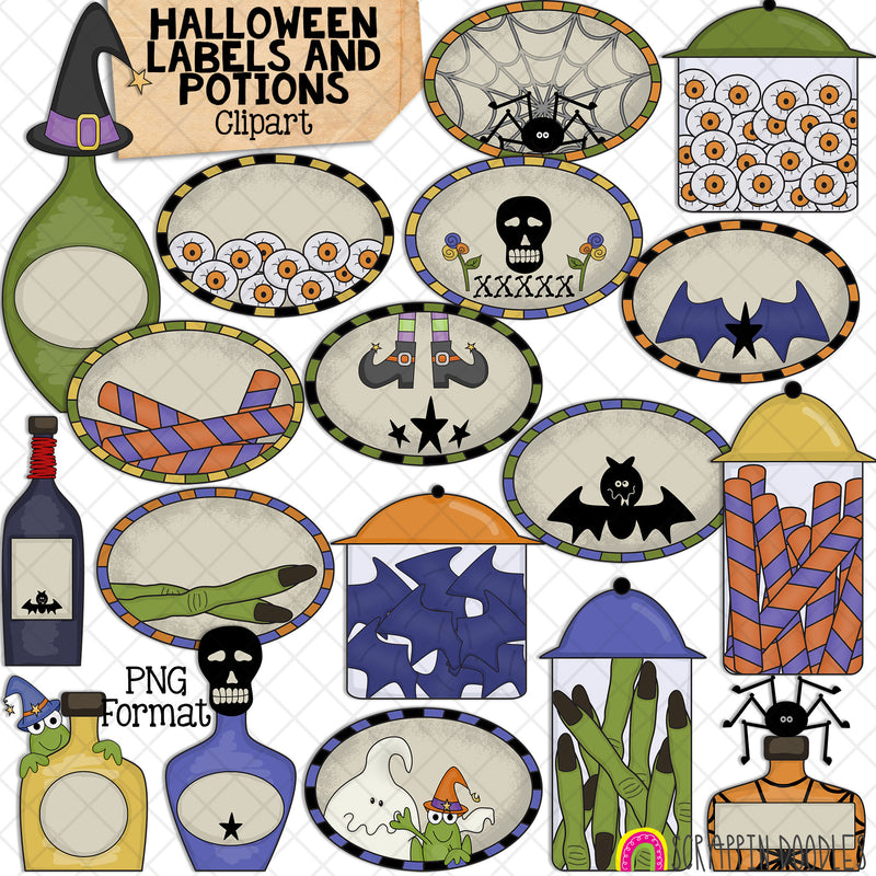 Spooky Crew Labels and Potions - Halloween Recipes - Jars - Witch Craft - Poison - CU - Hand Drawn PNG